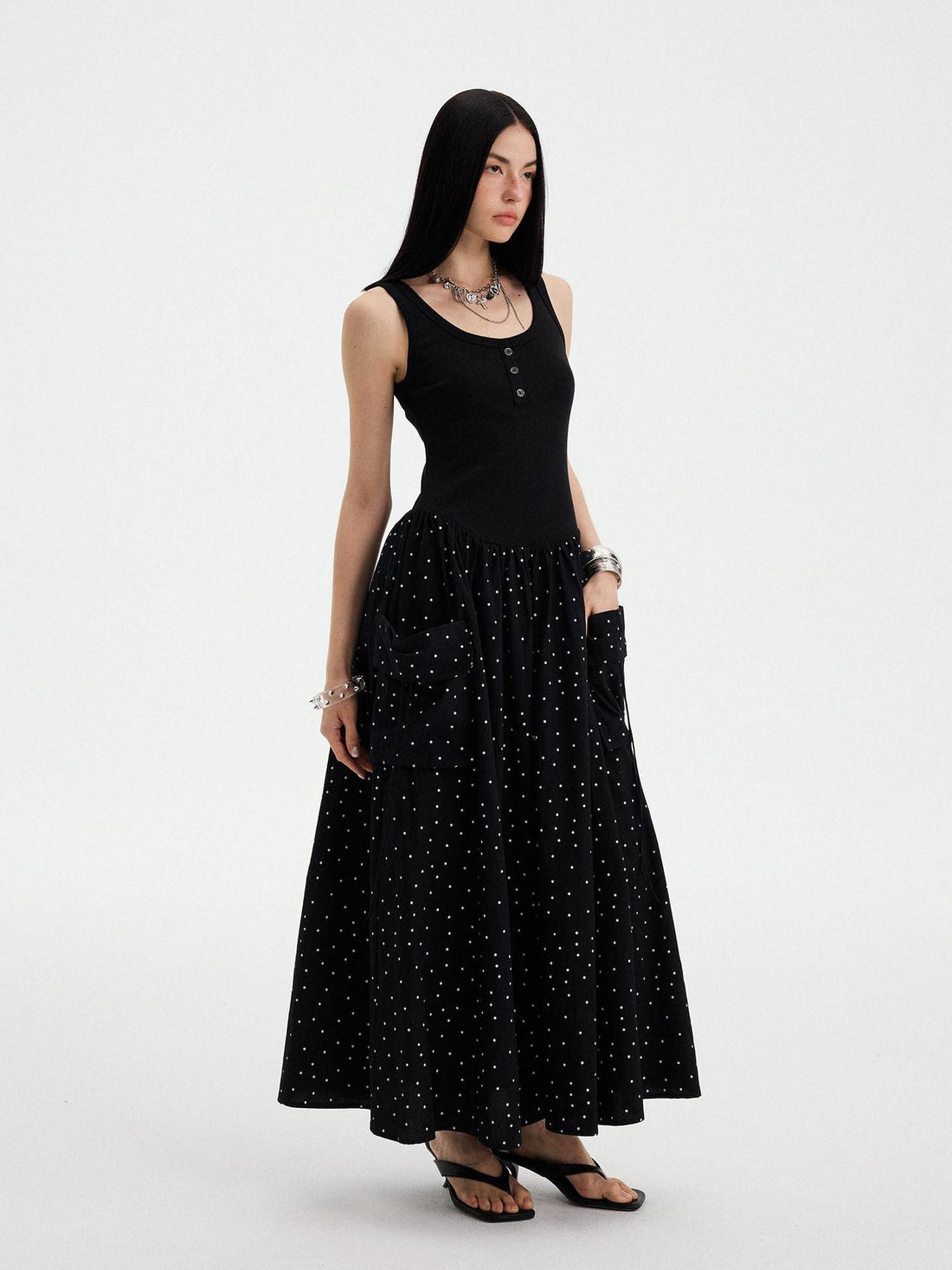 DIDDI MODA Polka Dot A Line Round Neck Sleeveless Women&