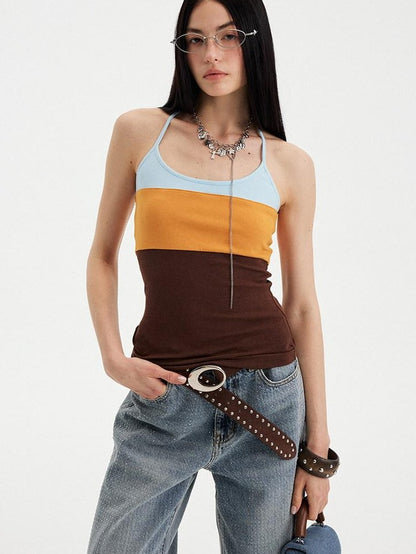 DIDDI MODA Polka Dot Patchwork Halter Bandeau Colorblock Women&