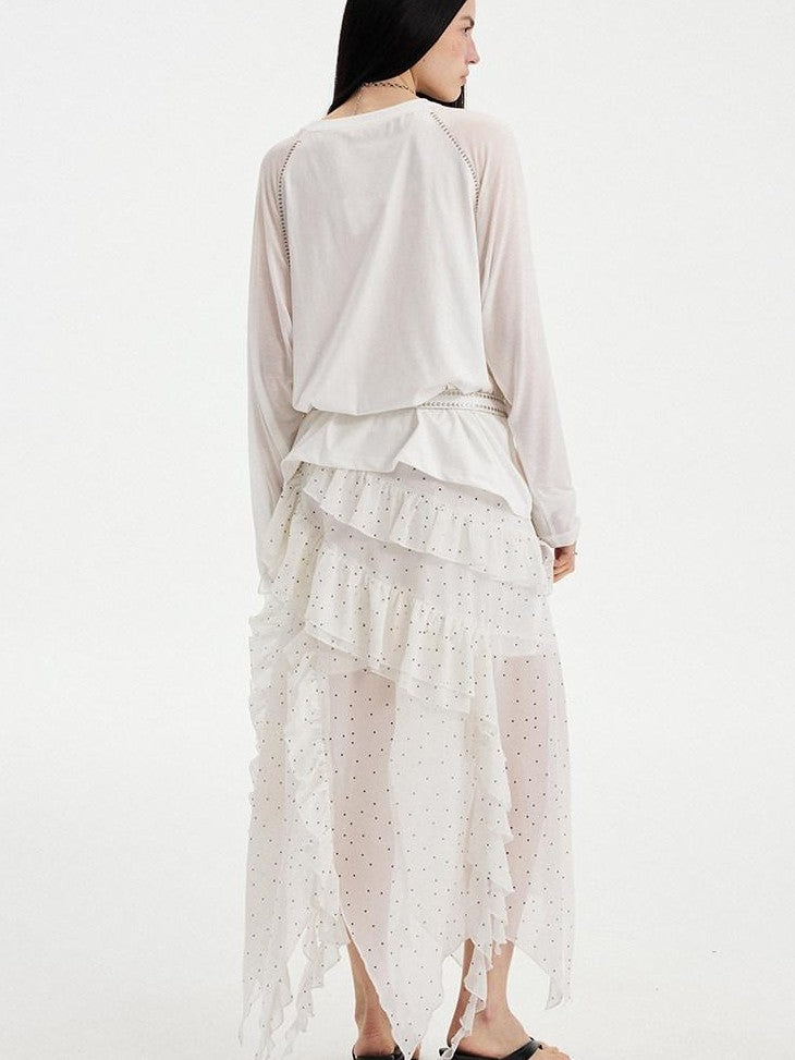 DIDDI MODA Polka Dot Ruffle Spliced Asymmetric A Line Women&