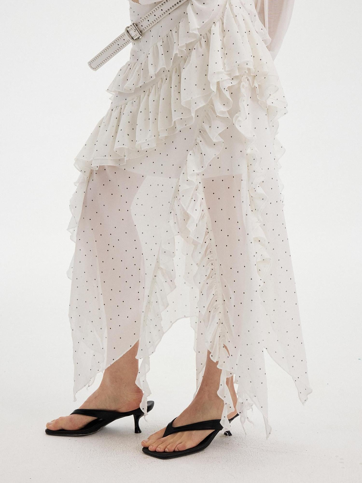 DIDDI MODA Polka Dot Ruffle Spliced Asymmetric A Line Women&