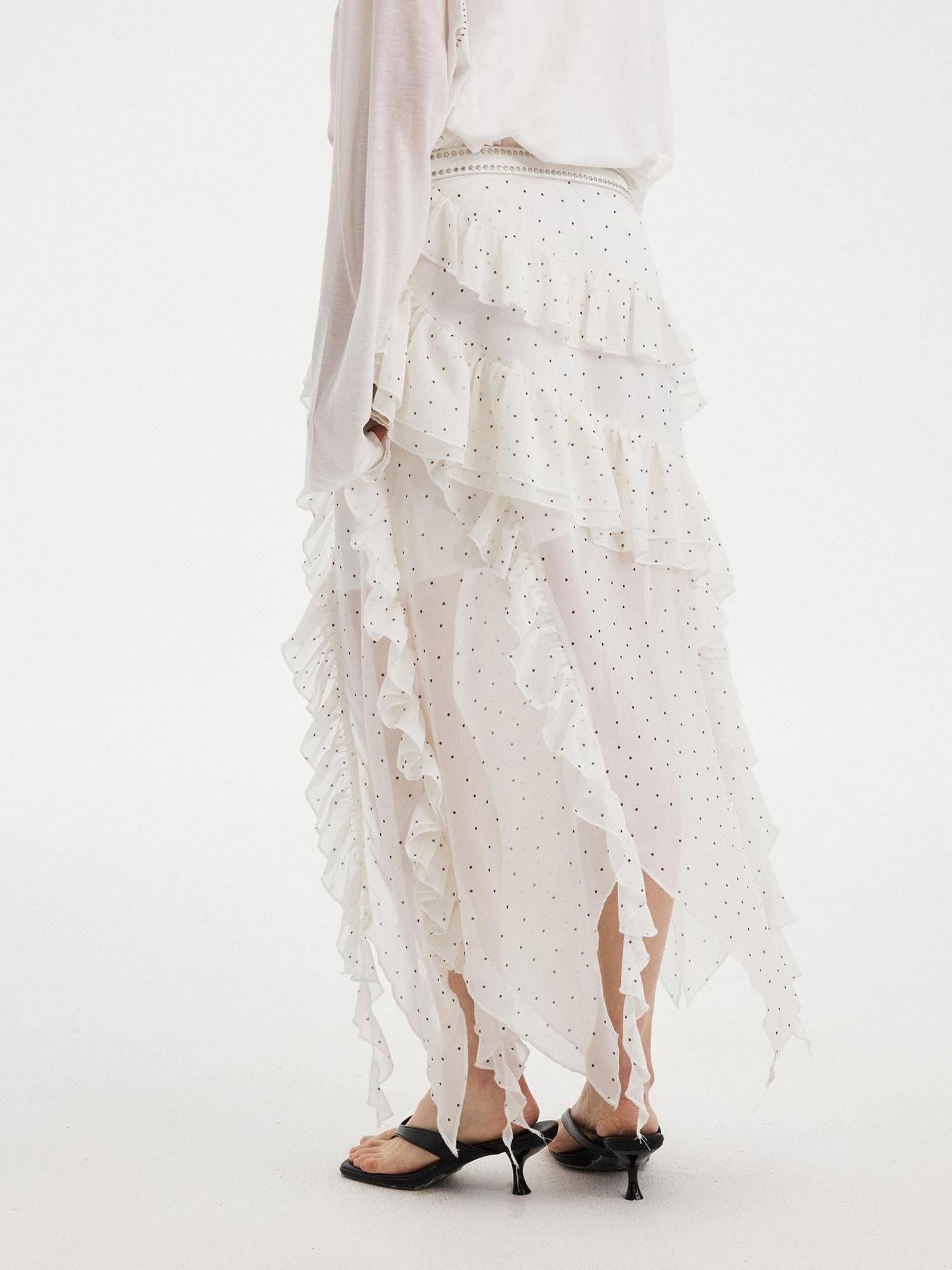 DIDDI MODA Polka Dot Ruffle Spliced Asymmetric A Line Women&
