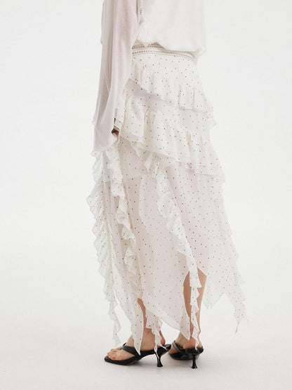 DIDDI MODA Polka Dot Ruffle Spliced Asymmetric A Line Women&