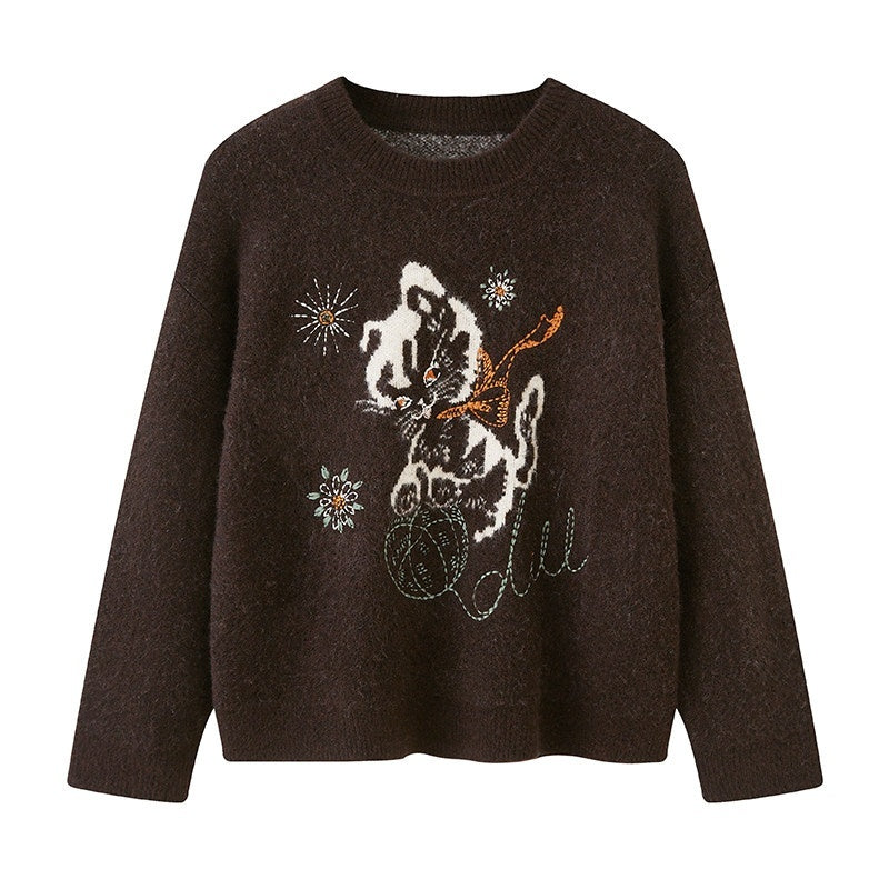 DIDDI_MODA_Pompom_Embroidered_Kitten_Round_Neck_Loose_Women&