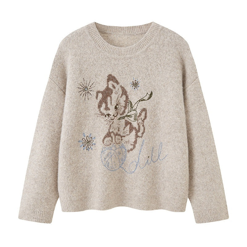DIDDI_MODA_Pompom_Embroidered_Kitten_Round_Neck_Loose_Women&