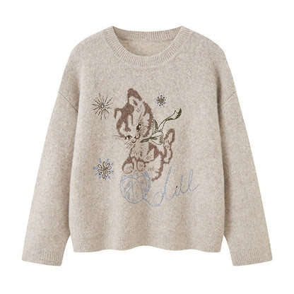 DIDDI_MODA_Pompom_Embroidered_Kitten_Round_Neck_Loose_Women&