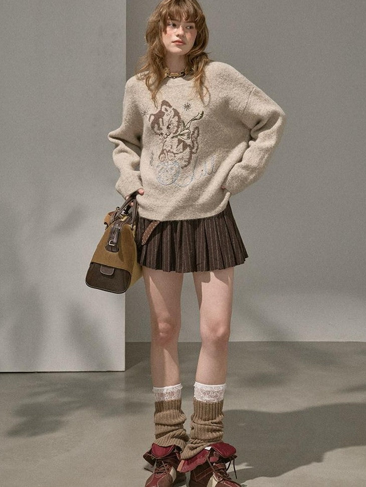 DIDDI MODA Pompom Embroidered Kitten Round Neck Loose Women&
