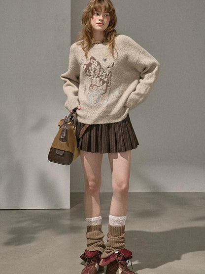 DIDDI MODA Pompom Embroidered Kitten Round Neck Loose Women&