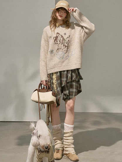 DIDDI MODA Pompom Embroidered Kitten Round Neck Loose Women&