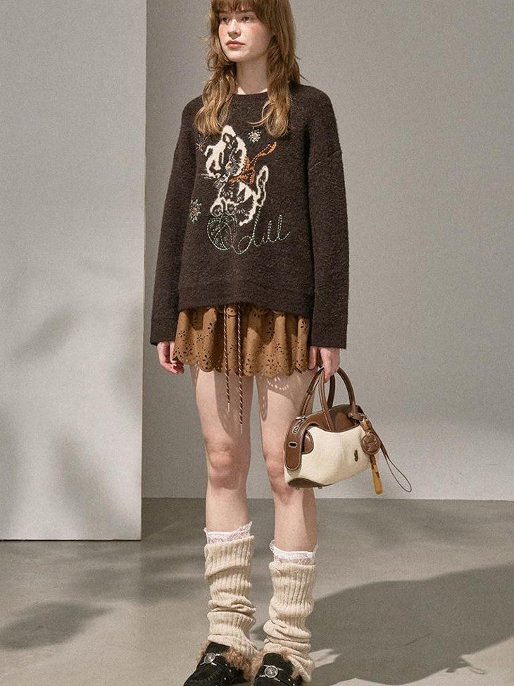 DIDDI MODA Pompom Embroidered Kitten Round Neck Loose Women&