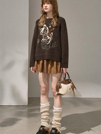DIDDI MODA Pompom Embroidered Kitten Round Neck Loose Women&