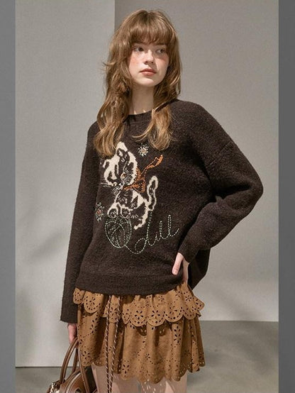 DIDDI MODA Pompom Embroidered Kitten Round Neck Loose Women&