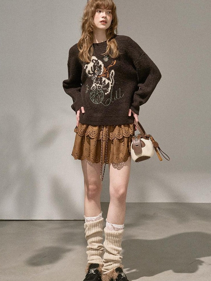 DIDDI MODA Pompom Embroidered Kitten Round Neck Loose Women&