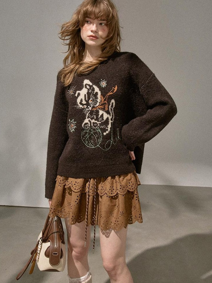 DIDDI MODA Pompom Embroidered Kitten Round Neck Loose Women&
