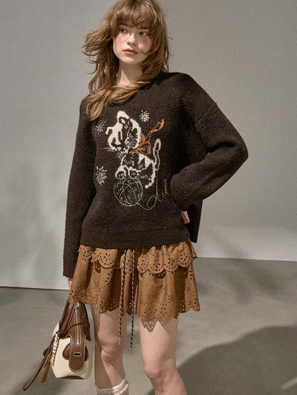 DIDDI MODA Pompom Embroidered Kitten Round Neck Loose Women&