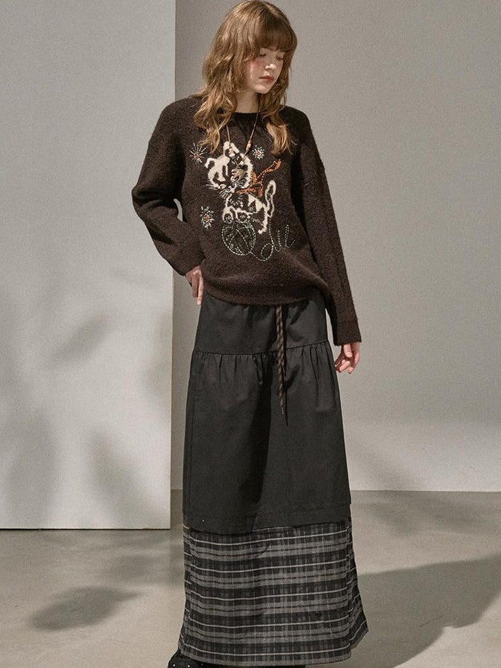 DIDDI MODA Pompom Embroidered Kitten Round Neck Loose Women&