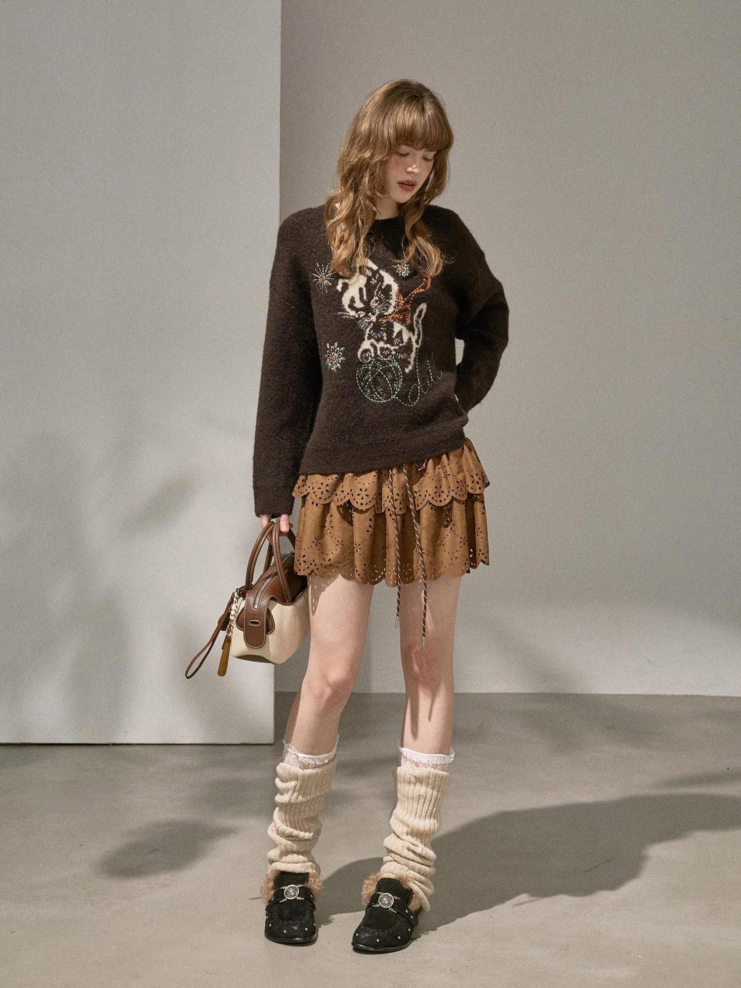 DIDDI MODA Pompom Embroidered Kitten Round Neck Loose Women&