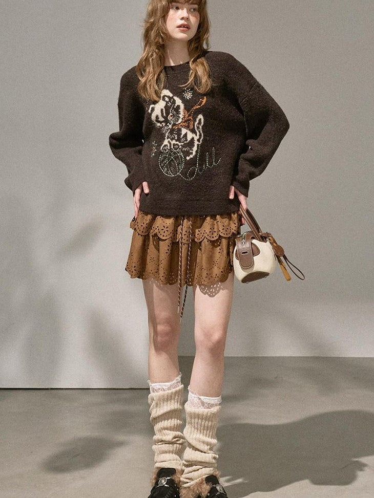 DIDDI MODA Pompom Embroidered Kitten Round Neck Loose Women&