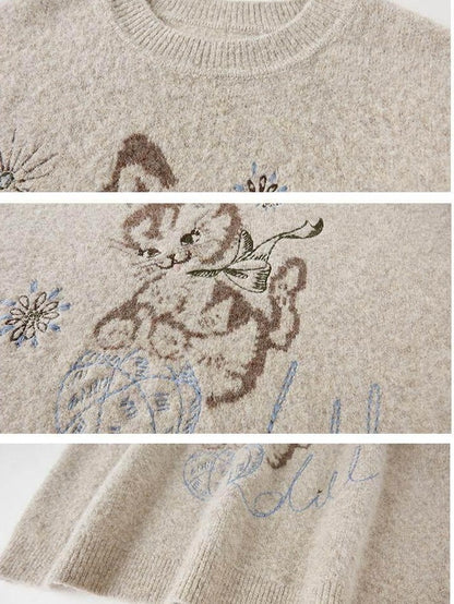 DIDDI MODA Pompom Embroidered Kitten Round Neck Loose Women&