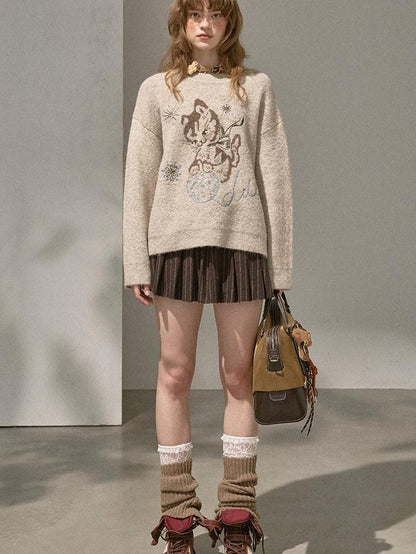 DIDDI MODA Pompom Embroidered Kitten Round Neck Loose Women&