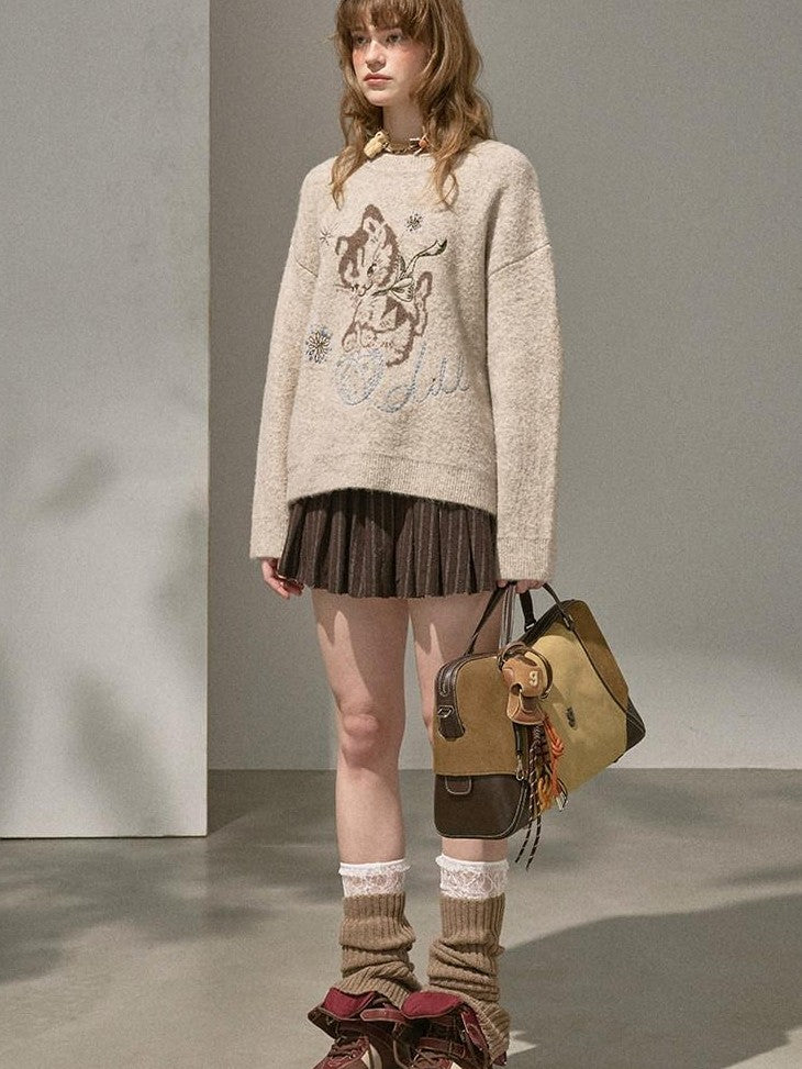 DIDDI MODA Pompom Embroidered Kitten Round Neck Loose Women&