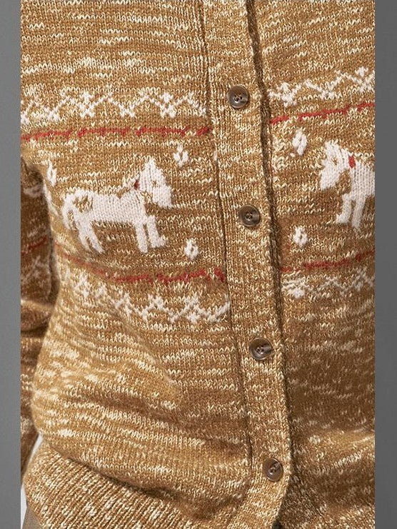 DIDDI MODA Pony Fair Isle Floral Knit Loose Round Neck Single Button Women&