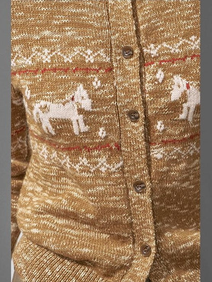 DIDDI MODA Pony Fair Isle Floral Knit Loose Round Neck Single Button Women&