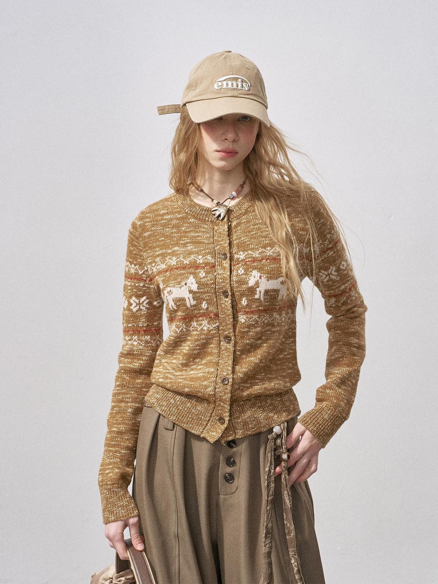 DIDDI MODA Pony Fair Isle Floral Knit Loose Round Neck Single Button Women&