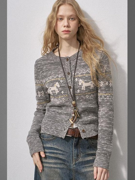 DIDDI MODA Pony Fair Isle Floral Knit Loose Round Neck Single Button Women&