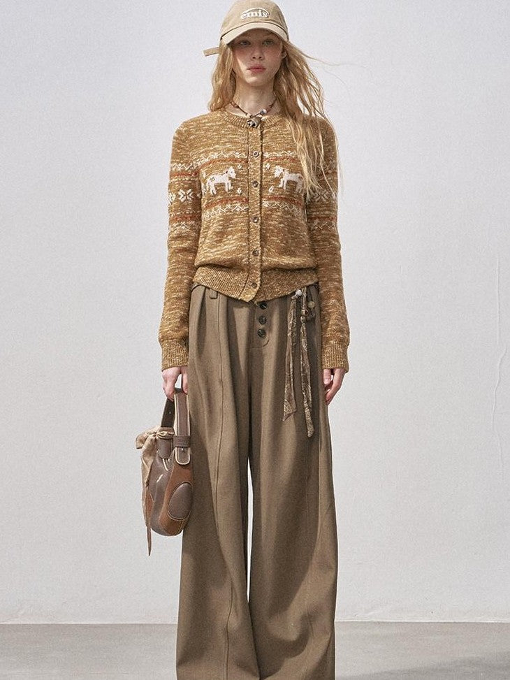 DIDDI MODA Pony Fair Isle Floral Knit Loose Round Neck Single Button Women&