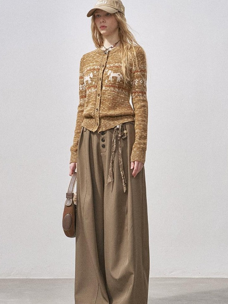 DIDDI MODA Pony Fair Isle Floral Knit Loose Round Neck Single Button Women&