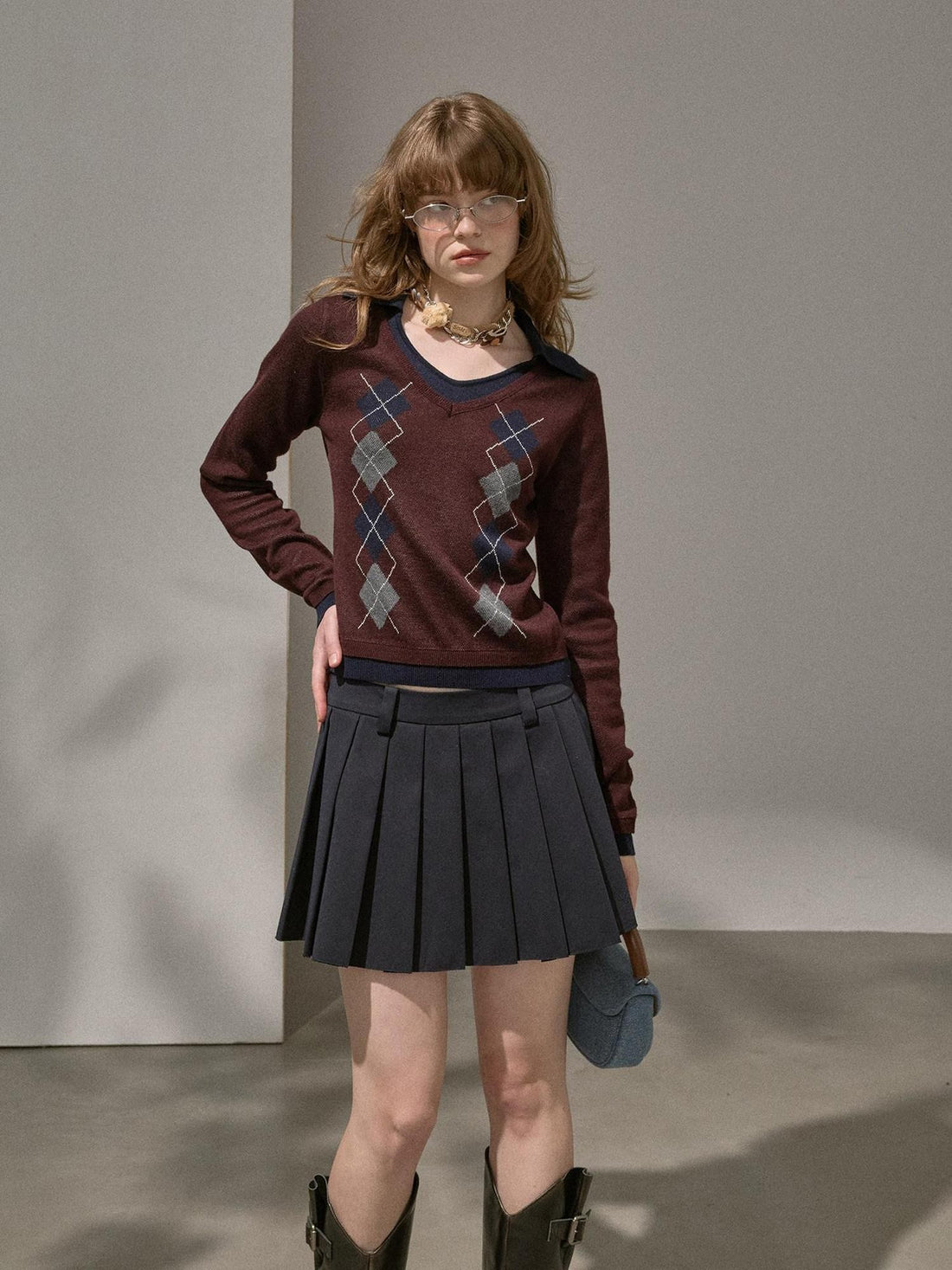DIDDI MODA Preppy Academy Classic Embroidered Box Pleated Puff Women&