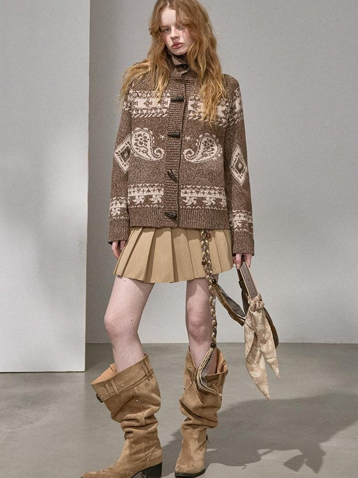 DIDDI MODA Pumpkin Red Paisley Fair Isle Toggle Oversized Women&