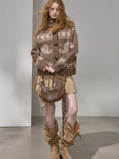 DIDDI MODA Pumpkin Red Paisley Fair Isle Toggle Oversized Women&