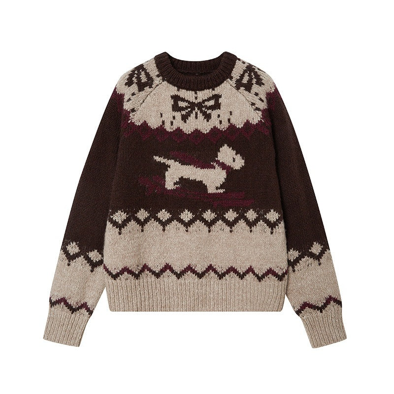 DIDDI_MODA_Puppy_Motif_Striped_Loose_Fit_Round_Neck_Long_Sleeve_Women&
