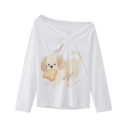 DIDDI_MODA_Puppy_Print_Bow_Asymmetric_Off_Shoulder_Women&