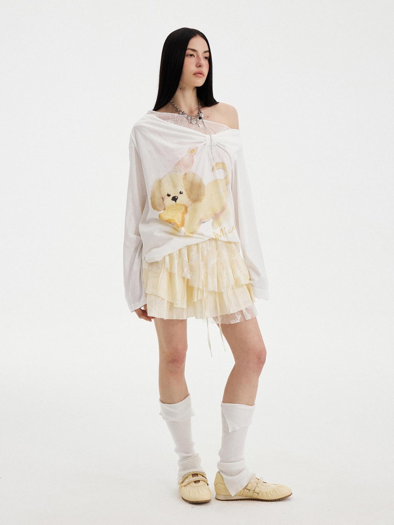 Puppy Print Bow Asymmetric Off Shoulder Women&