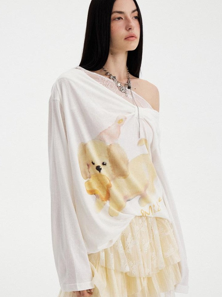 DIDDI MODA Puppy Print Bow Asymmetric Off Shoulder Women&