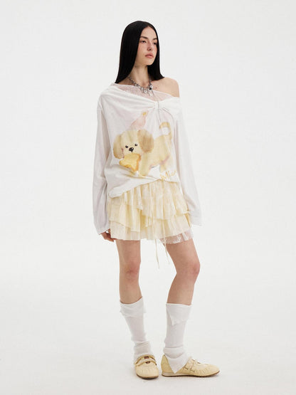 DIDDI MODA Puppy Print Bow Asymmetric Off Shoulder Women&