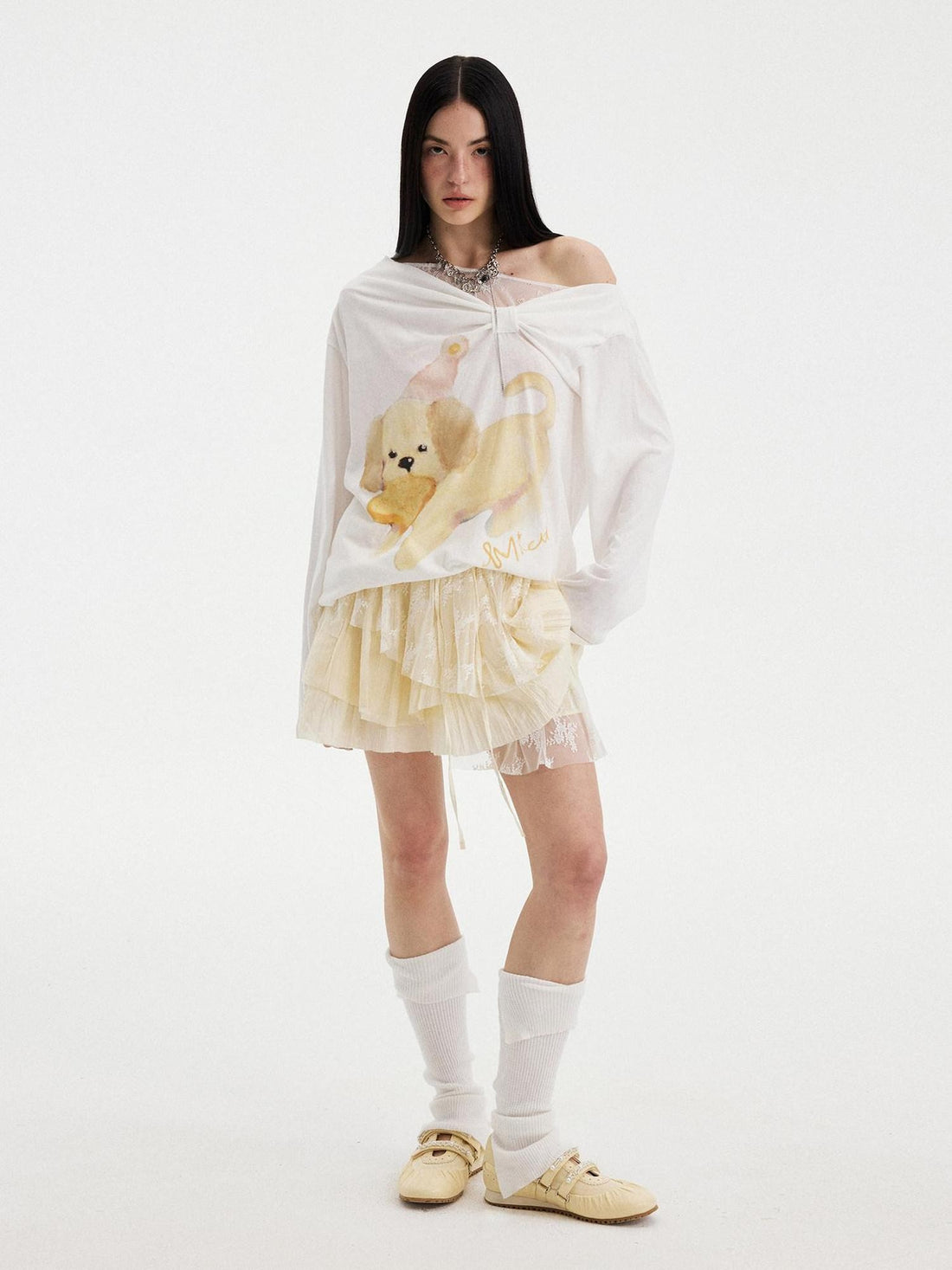 Puppy Print Bow Asymmetric Off Shoulder Women&