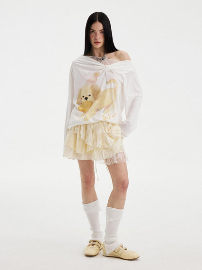 Puppy Print Bow Asymmetric Off Shoulder Women&