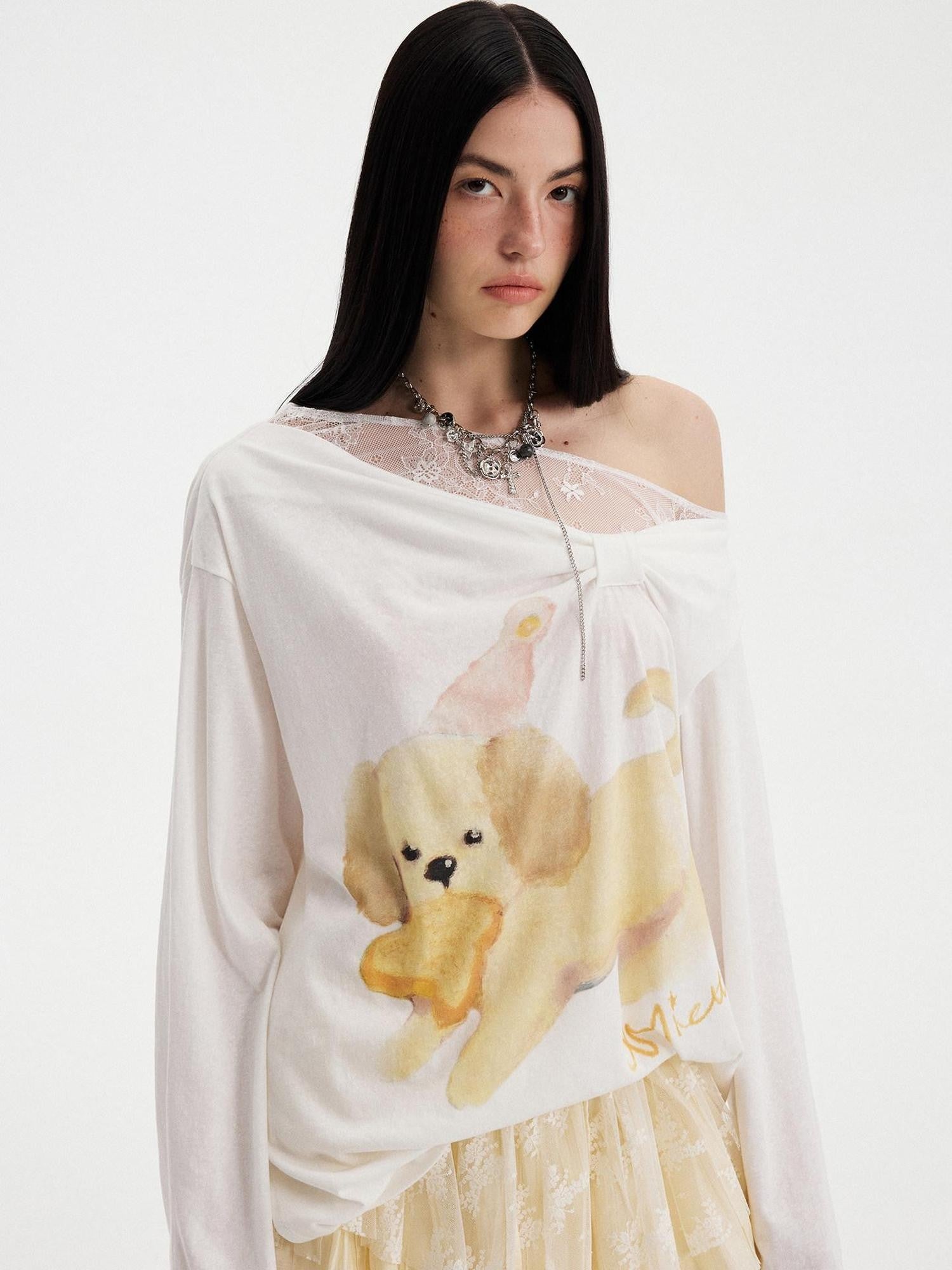 Puppy Print Bow Asymmetric Off Shoulder Women&