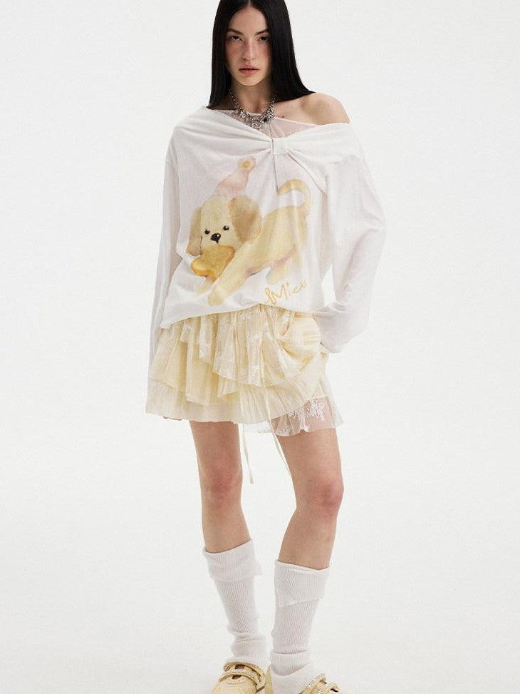 Puppy Print Bow Asymmetric Off Shoulder Women&