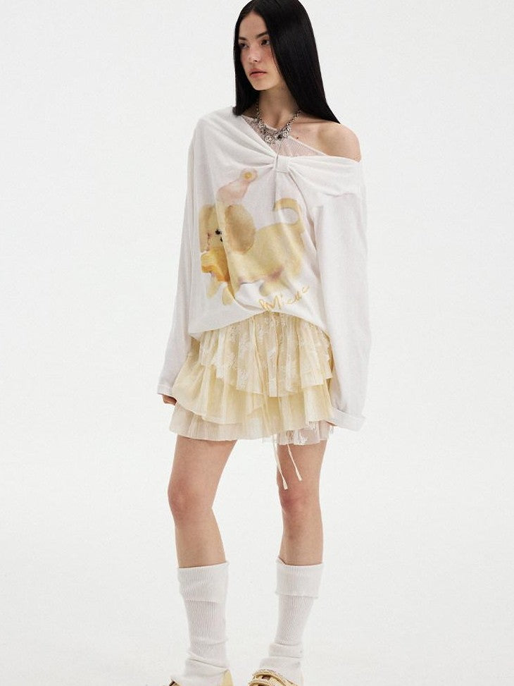 Puppy Print Bow Asymmetric Off Shoulder Women&
