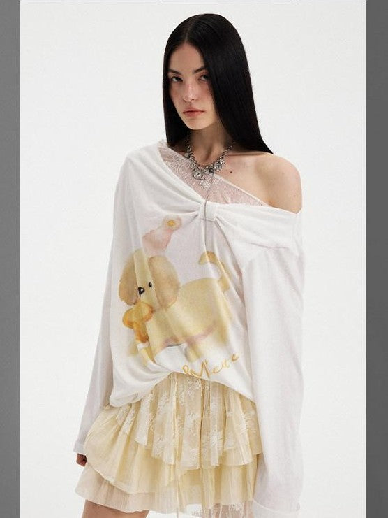 Puppy Print Bow Asymmetric Off Shoulder Women&