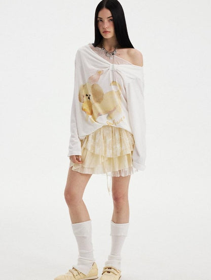 Puppy Print Bow Asymmetric Off Shoulder Women&