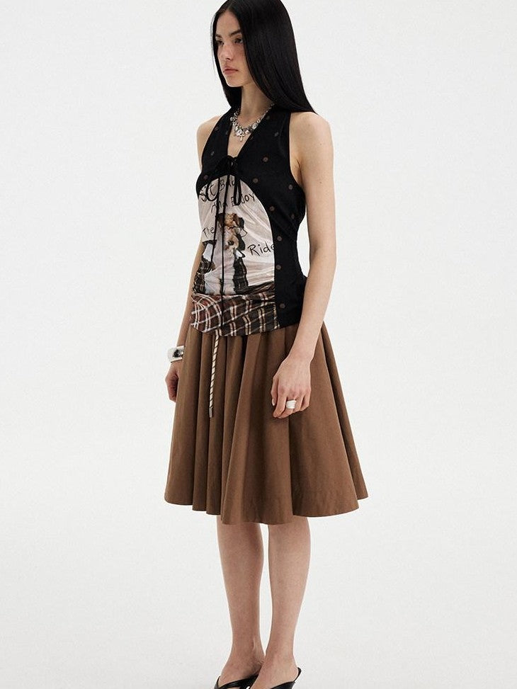 DIDDI MODA Puppy Print Polka Dot Coffee Brown V-neck Women&