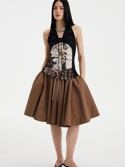 DIDDI MODA Puppy Print Polka Dot Coffee Brown V-neck Women&