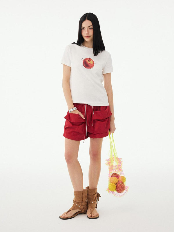 Red Cuffed Large Pocket Cargo Loose Sporty Women's Sweat Shorts