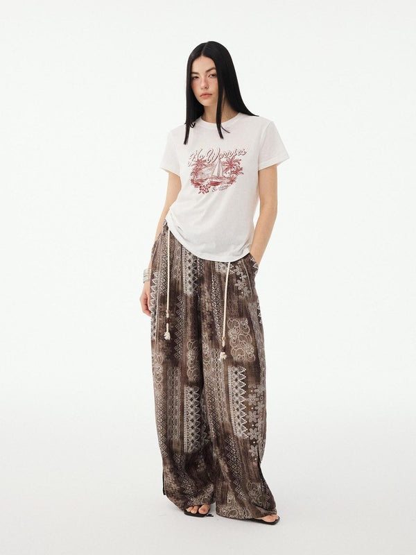 Relaxed Geometric Drawstring Pockets Women's Polyester Wide-leg Pants