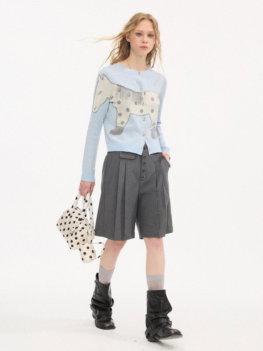 DIDDI MODA Relaxed Polka Dot Knit Buttoned Cardigan Women&